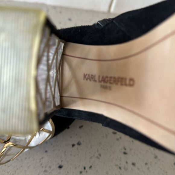 Karl Lagerfeld Black Leather Suede Ankle Boots Geometric Gold Block Heel Sz 8.5 - Picture 14 of 16